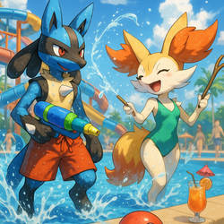 Lucario and Braixen having fun together