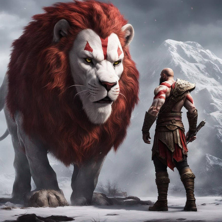 Kratos in front of a big lion
