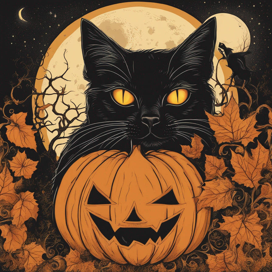 Samhain With Black Cat, Pumpkin And Moon