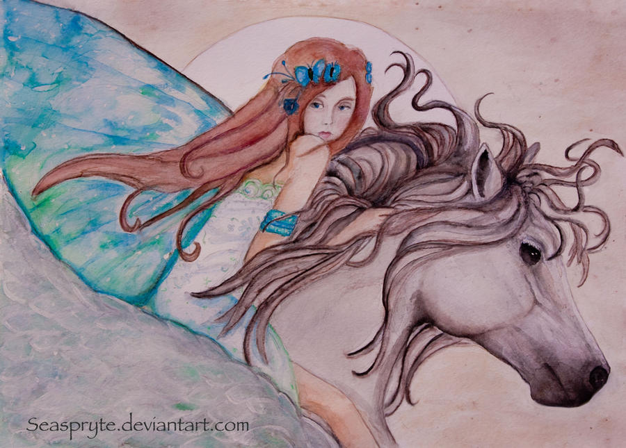 Flight of the Blue Fairy - watercolor -