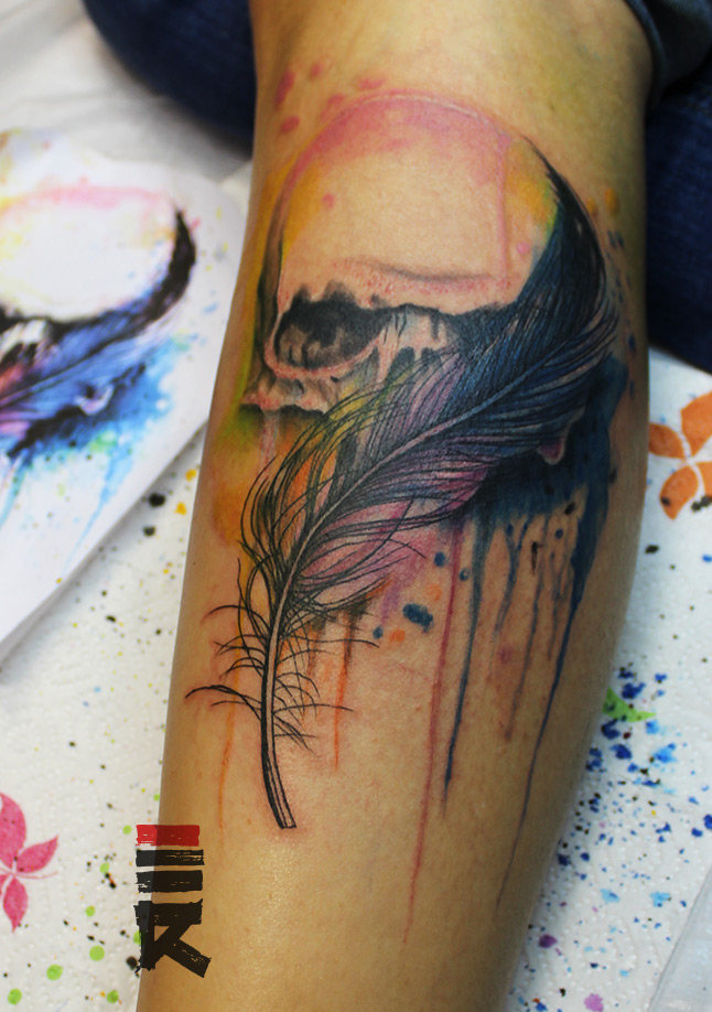 Feather skull watercolor