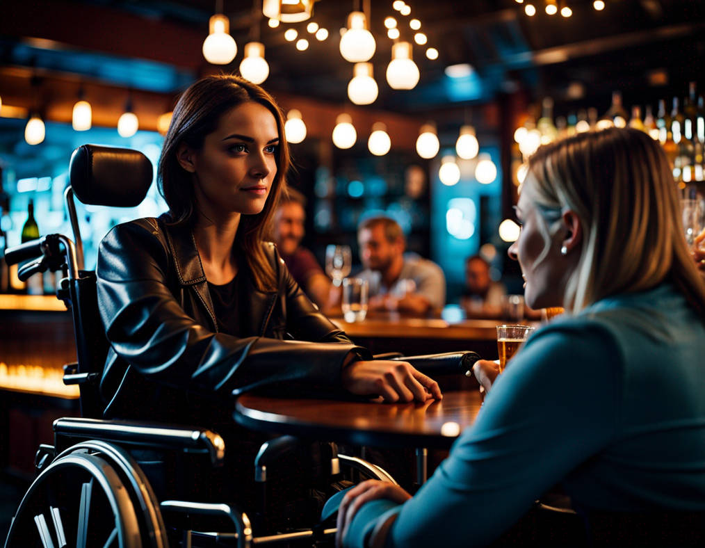 Blind young woman in electric wheelchair, in a bar