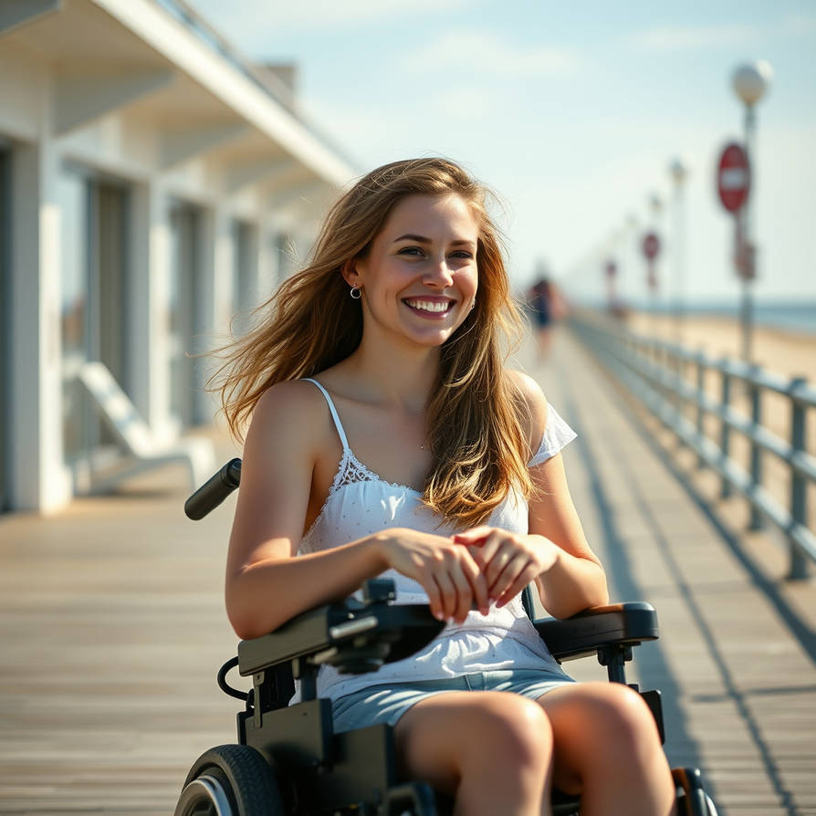 Cheerful, lovely young Swedish woman, powerchair
