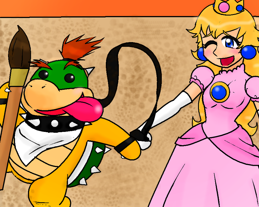 Peach walking Bowser jr.