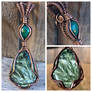 Seraphinite and emerald wire wrap pendant