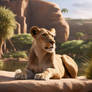 Nala from the Lion King sitting next to an oasis