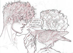 Pigeon boy, pigeon, and some flowers doodletragedy