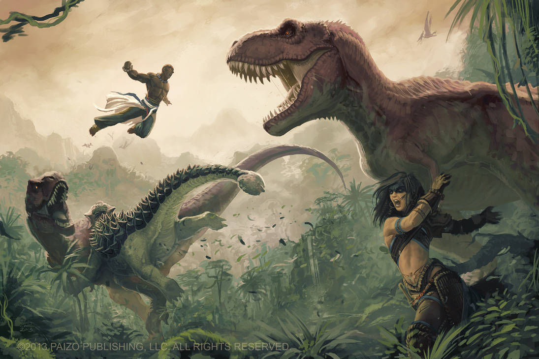 Mythic Amiri and Mythic Sajan VS Dinosaurs by Akeiron