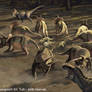 Herd of Triceratops defending their youngs