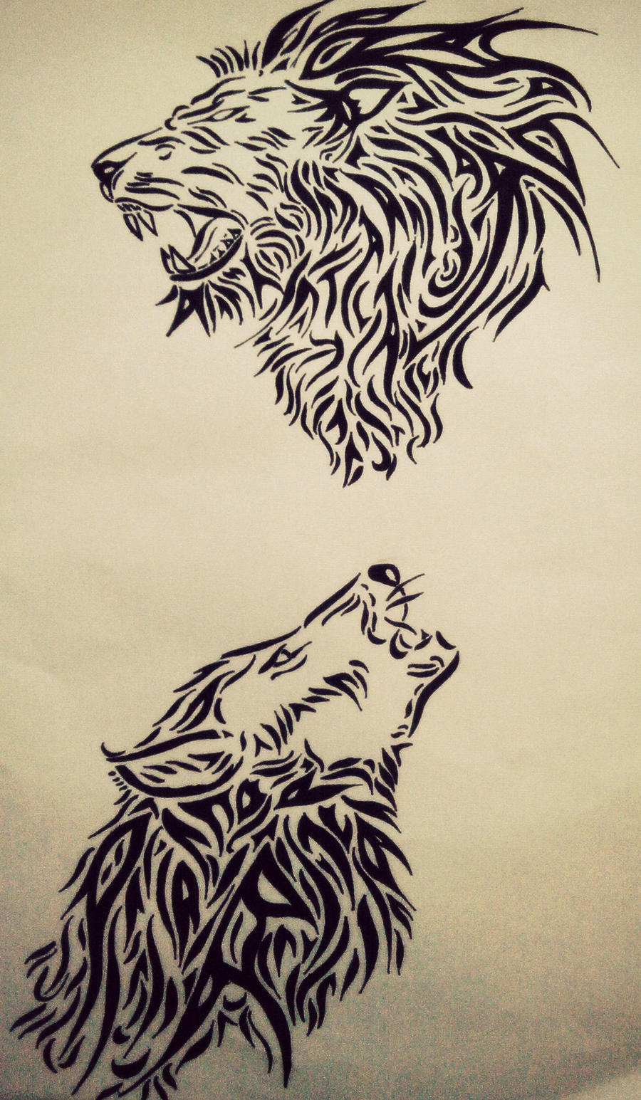 Tribal lion and wolf