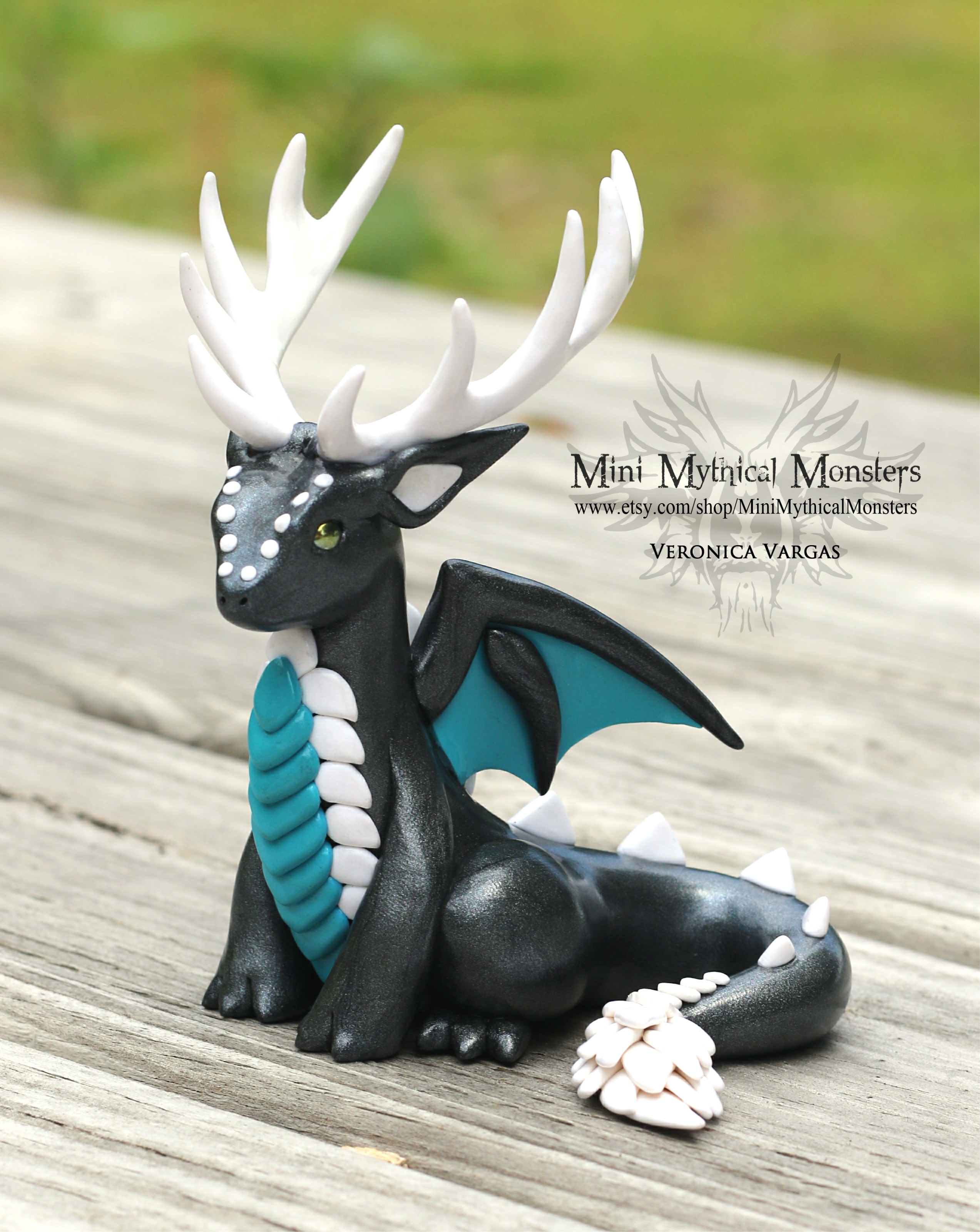 Graphite Pearl, Teal and White Antlered Dragon