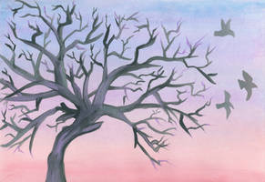 Watercolor Sunset Tree