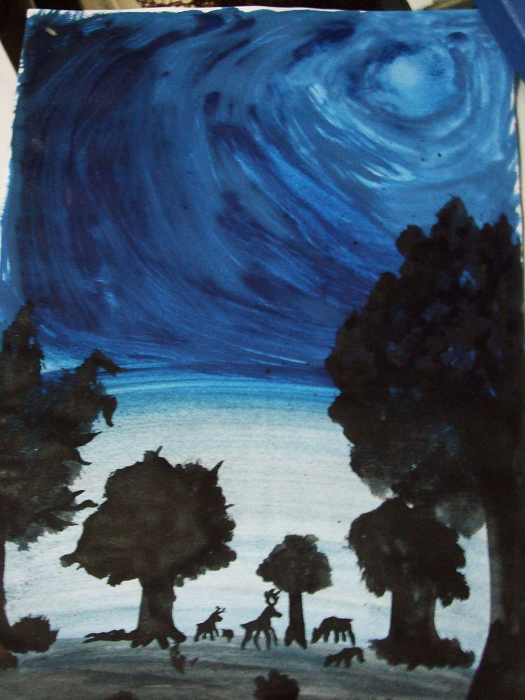 Night forest painting