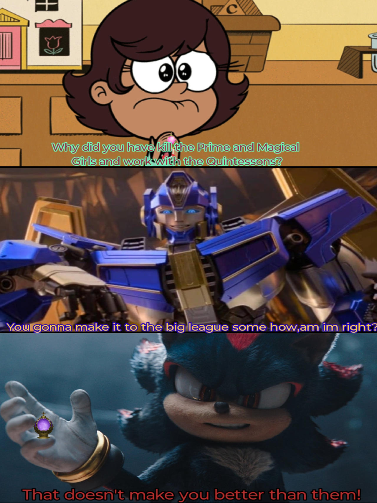 Shadow and Darcy confront Sentinel Prime by Ultimatebrawlers on DeviantArt