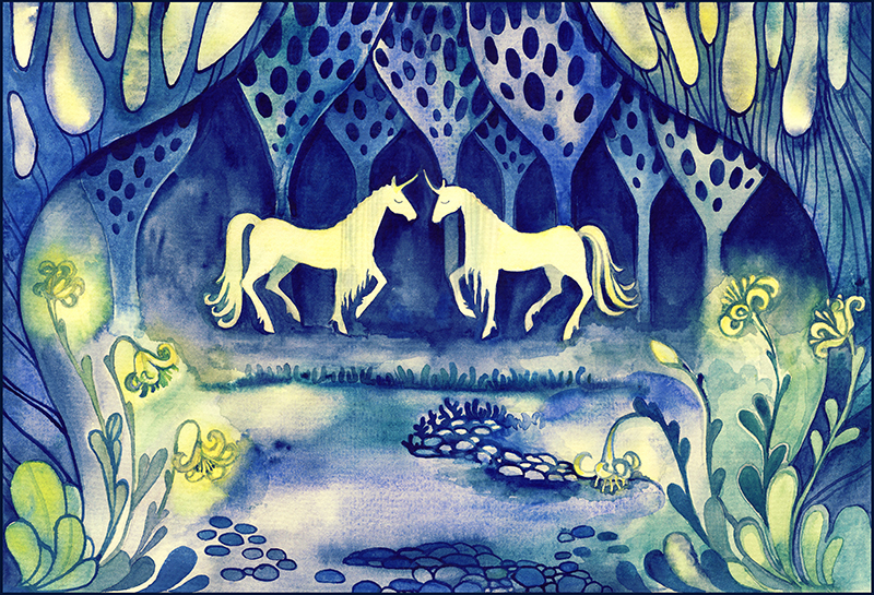 Two unicorn in the magic wood.