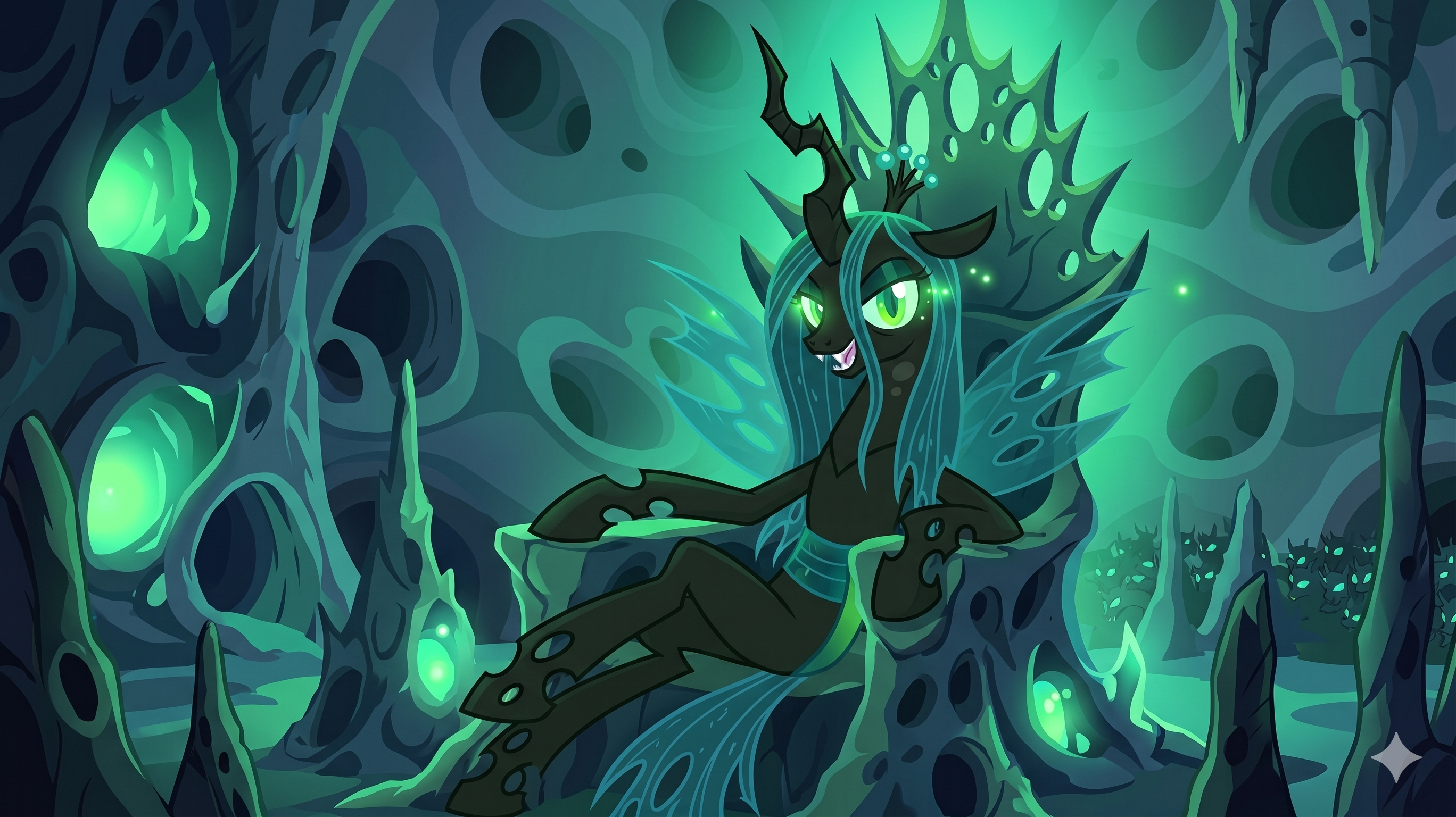 Queen Chrysalis on her throne (Gemini AI)