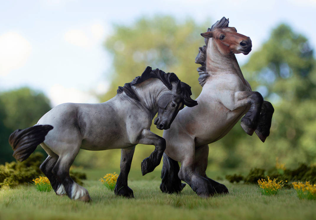 Two draft model horses in a grassy meadow with flowers