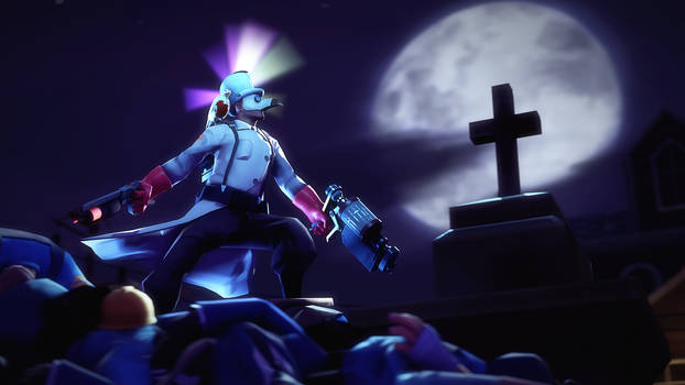 Medic looking off in a distance on pile of corpses