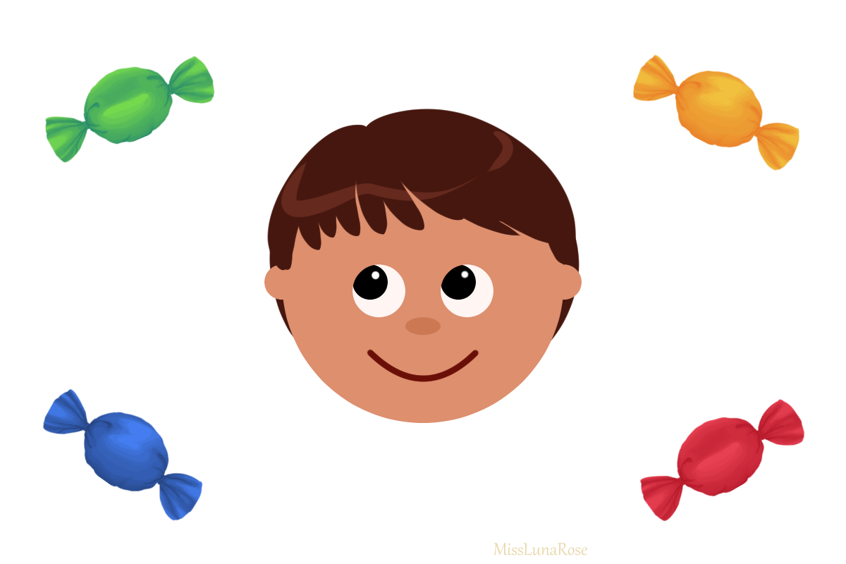 A cartoon drawing of a boy surrounded by 4 candies. He is looking at the green candy.