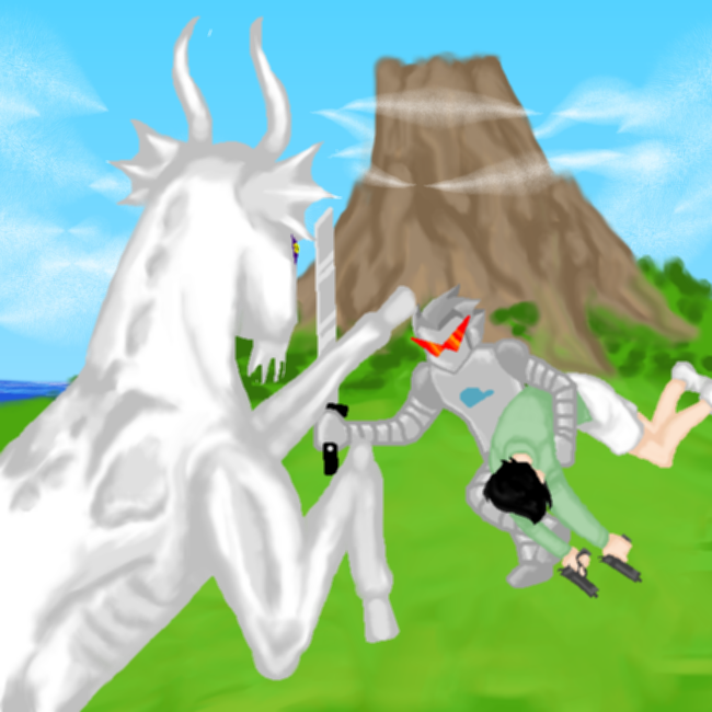 Robot Fighting Sea Goat on a Volcano Island