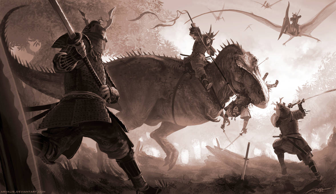 T-Rex vs Samurai by arvalis