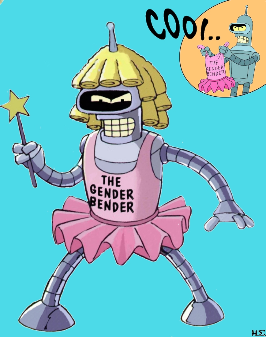 Bender in a pink dress