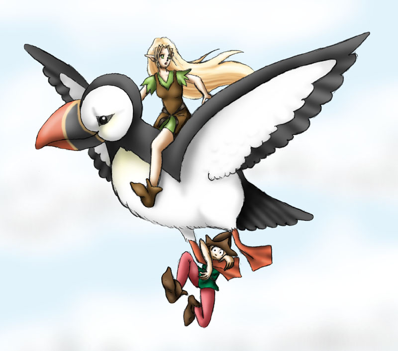 Elves Flying on a Puffin