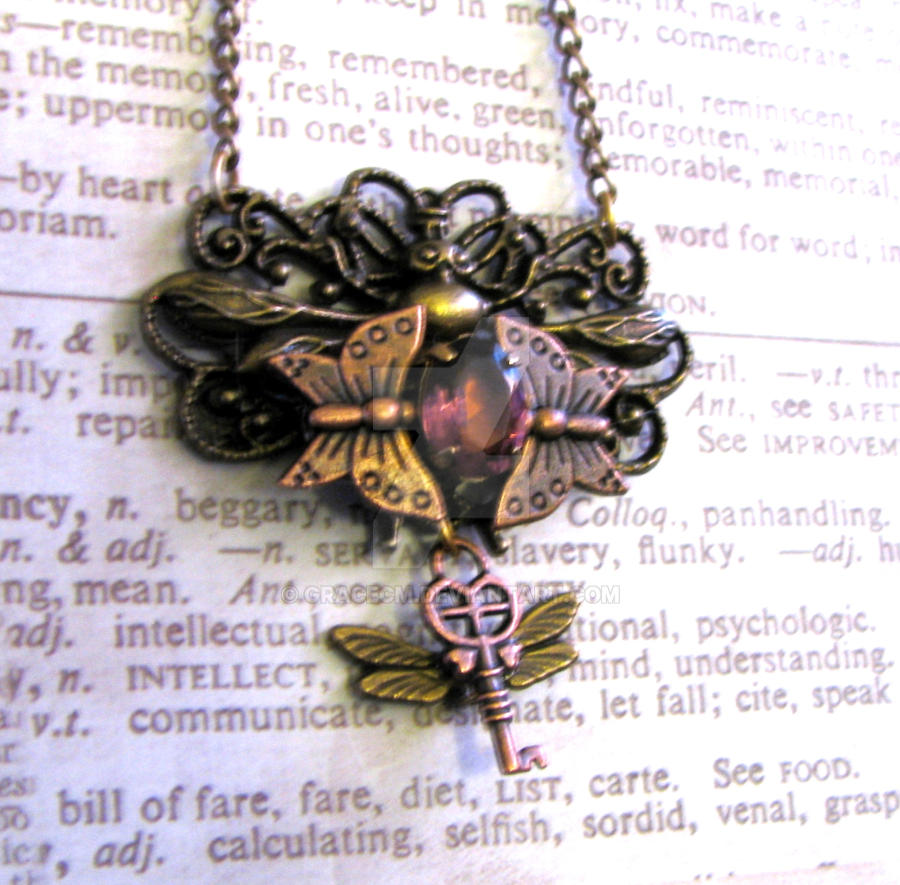 Steampunk Necklace wings purple bee