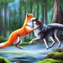 DreamUp Creation: Fox and Wolf playing at the lake