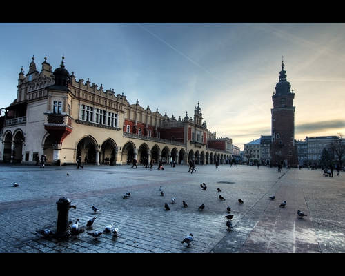 Krakow's Rynek Glowny Grand Square, dusk.