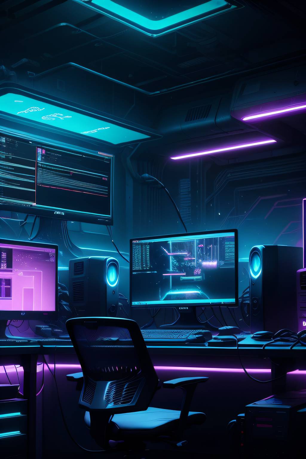 a dimly lit computer lab with lots of monitors and by veloxpixel on ...