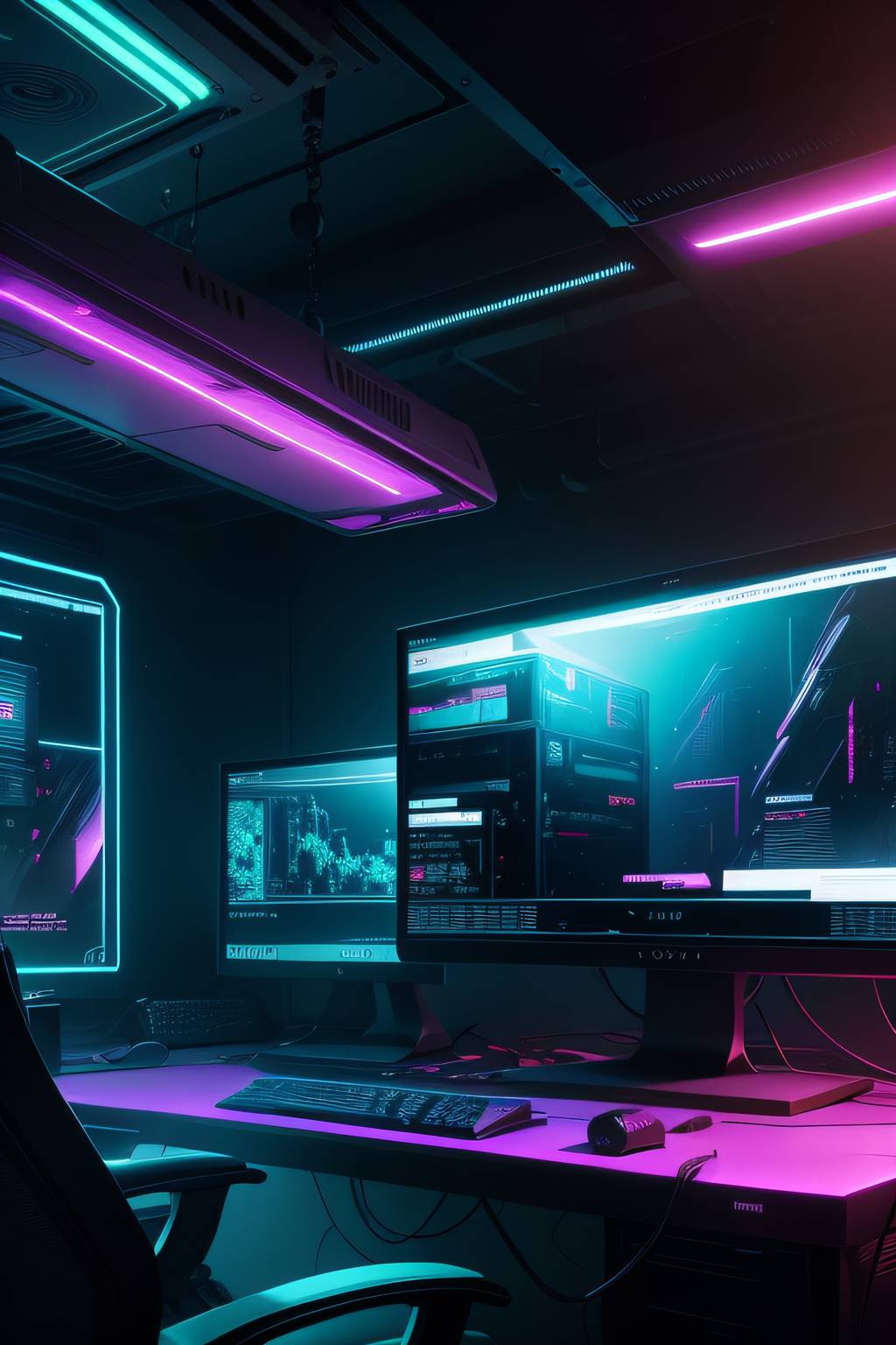 a dimly lit computer lab with multiple monitors an by veloxpixel on ...