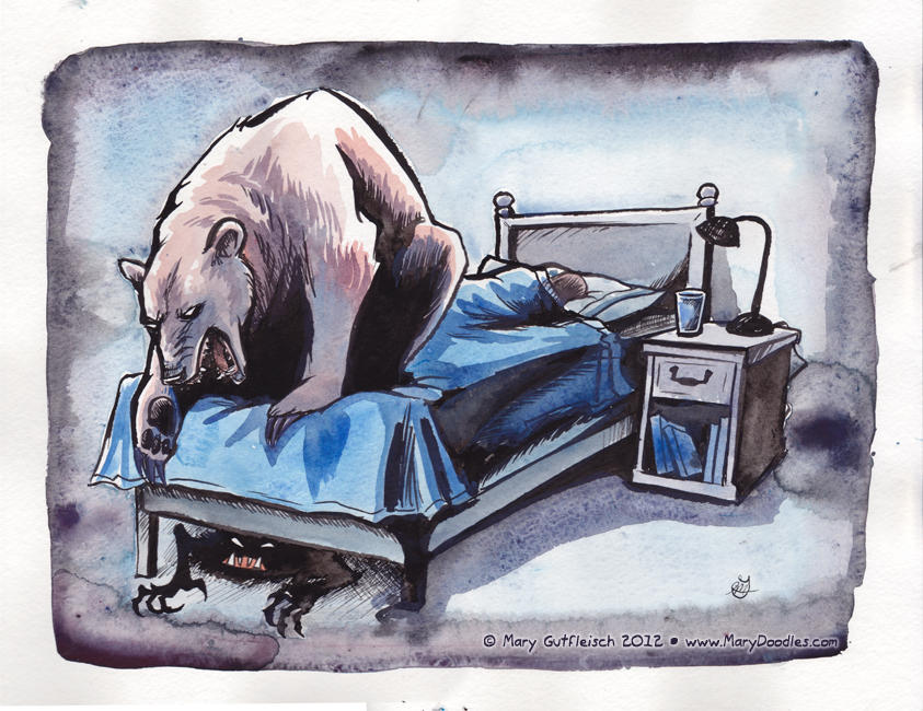 Зверь в постели. Медвежонок охраняет сон. Мишка защищает от монстров. Сон иллюстрация. Сонный медведь.