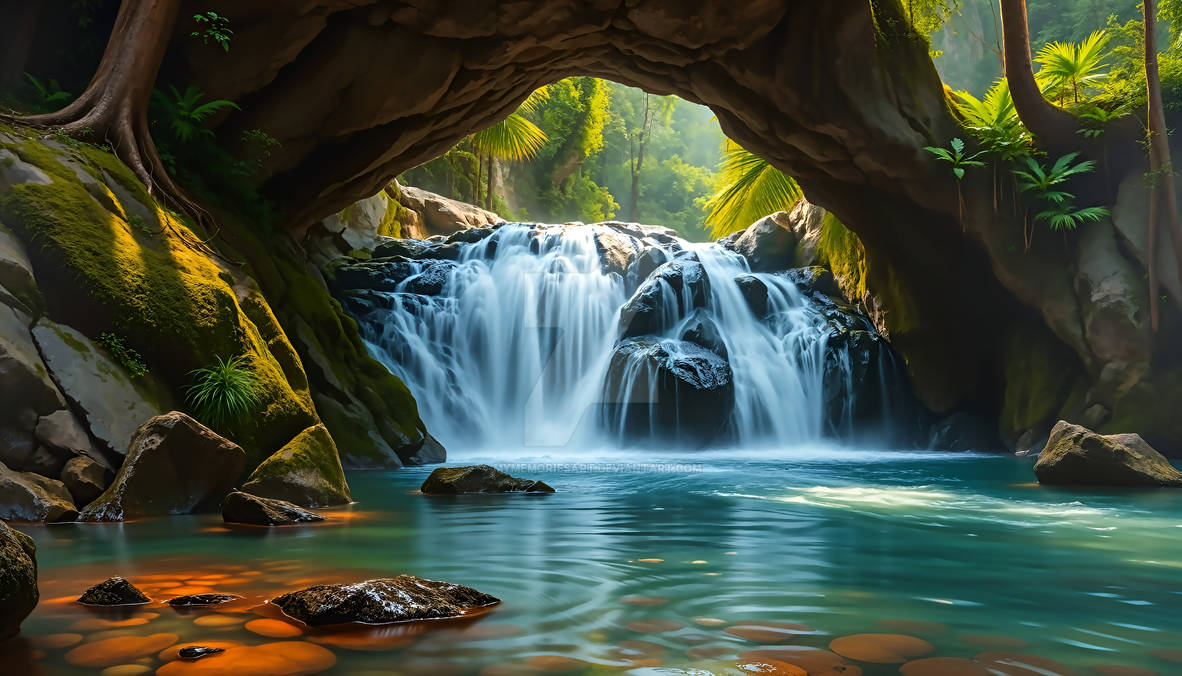 Classic landscape waterfall through a stone arch by MymemoriesArt on ...