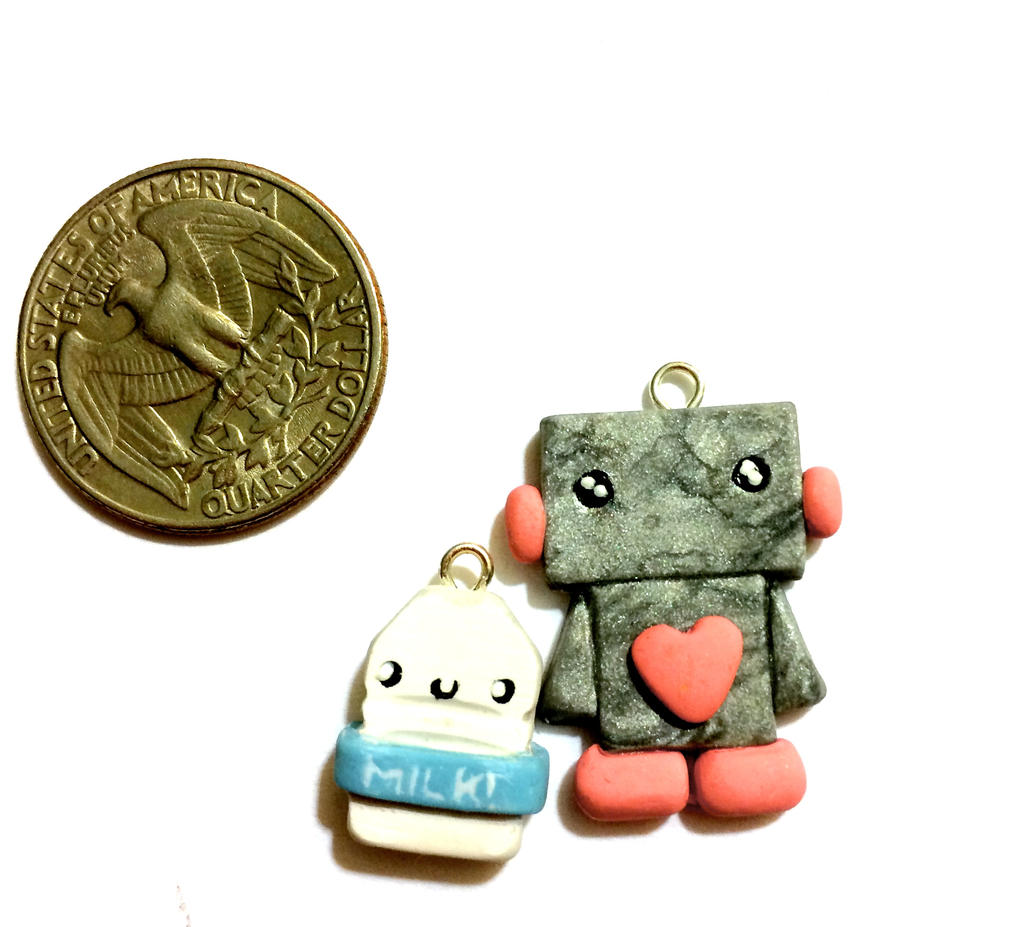 Polymer clay robot and milk necklace charms