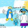A penguin in the sky with Flippy and a pet