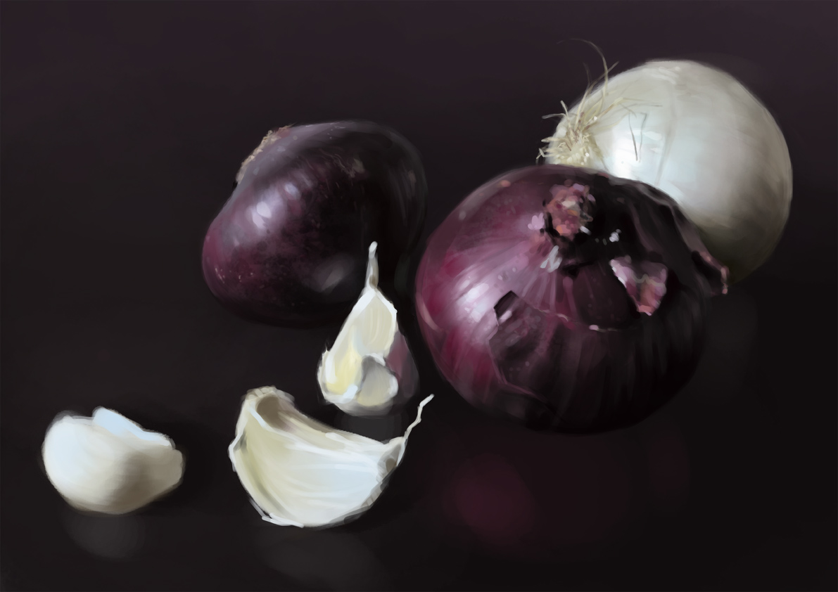 Onion bulbs and garlic cloves