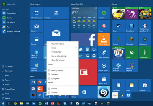 Windows 10 Start Menu Jumplist Concept