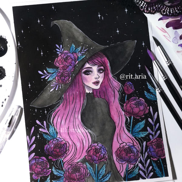 Magical Peony witch- Day 23 Inktober18 by Aria-Illustration on DeviantArt