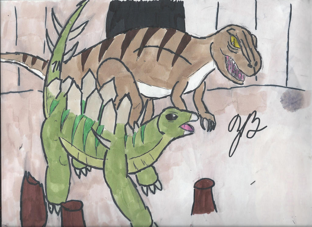 Stegosarus fighting the Tyrannosaurus