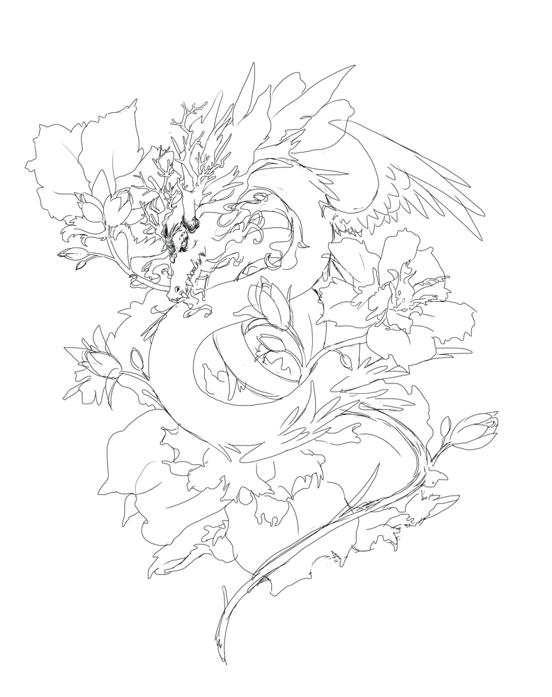 Hibiscus Dragon Tattoo WIP