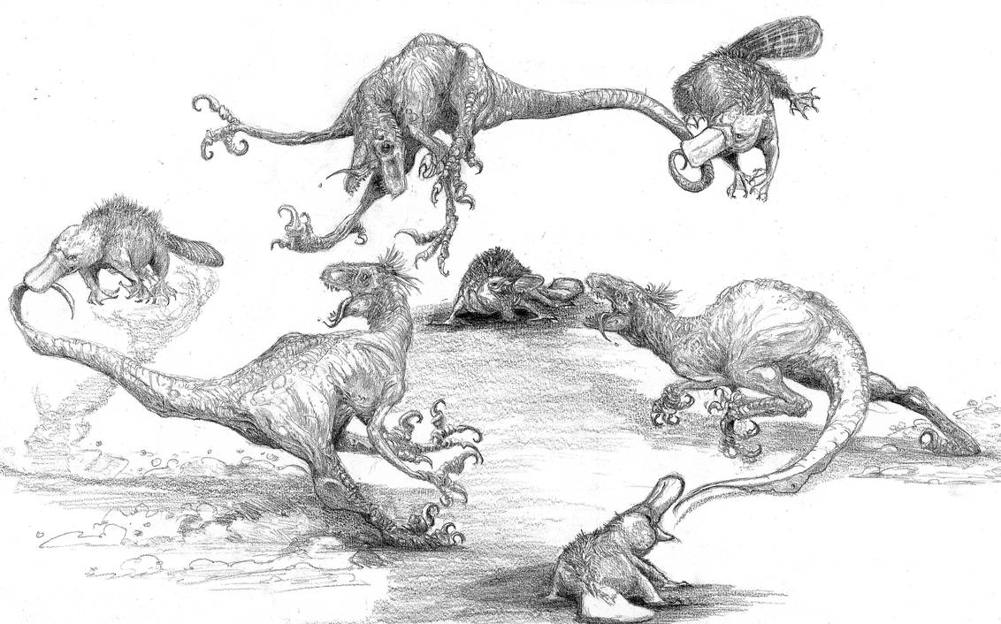 platypus playing with raptors by Zombiraptor