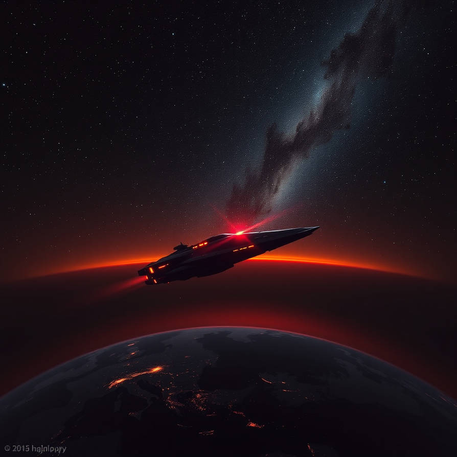 Redsky Starship Over Earth At Night