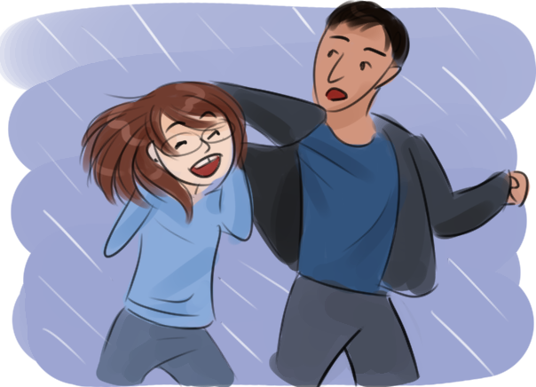 An old drawing of my characters Rose and Dark running in the rain. Dark is trying to shield Rose from the water with his jacket and it isn't working at all. Rose is laughing.