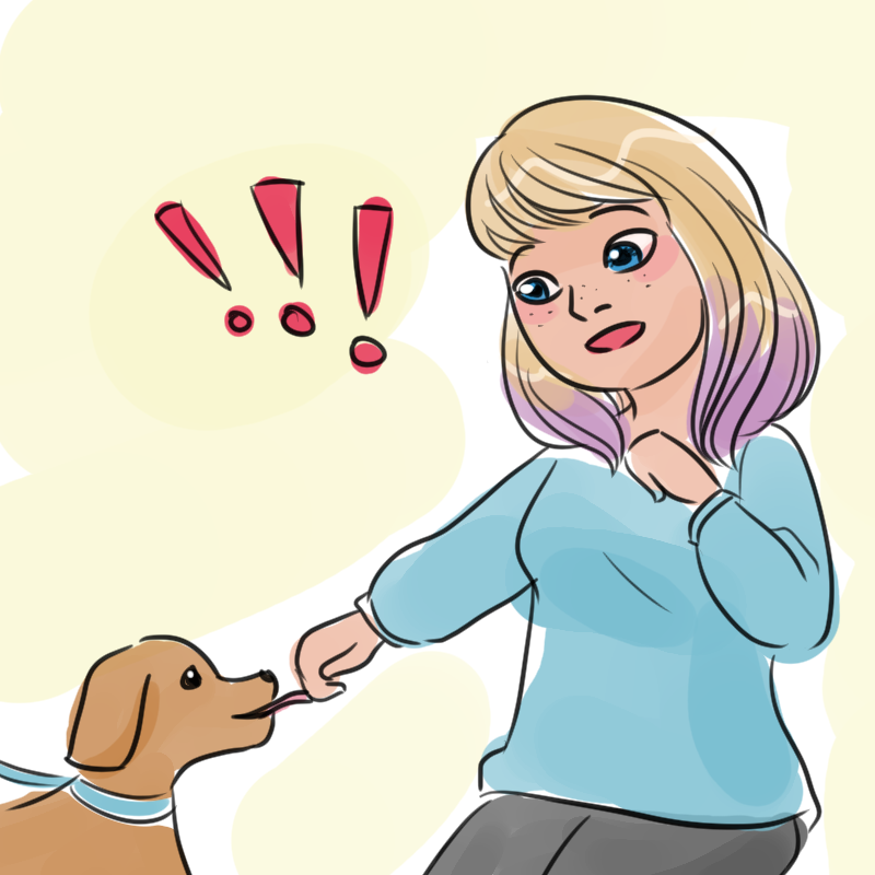 Drawing of how I imagine my sister Katie's first doggy kiss. Katie, hesitant and excited, allows a friendly dog to lick her hand.