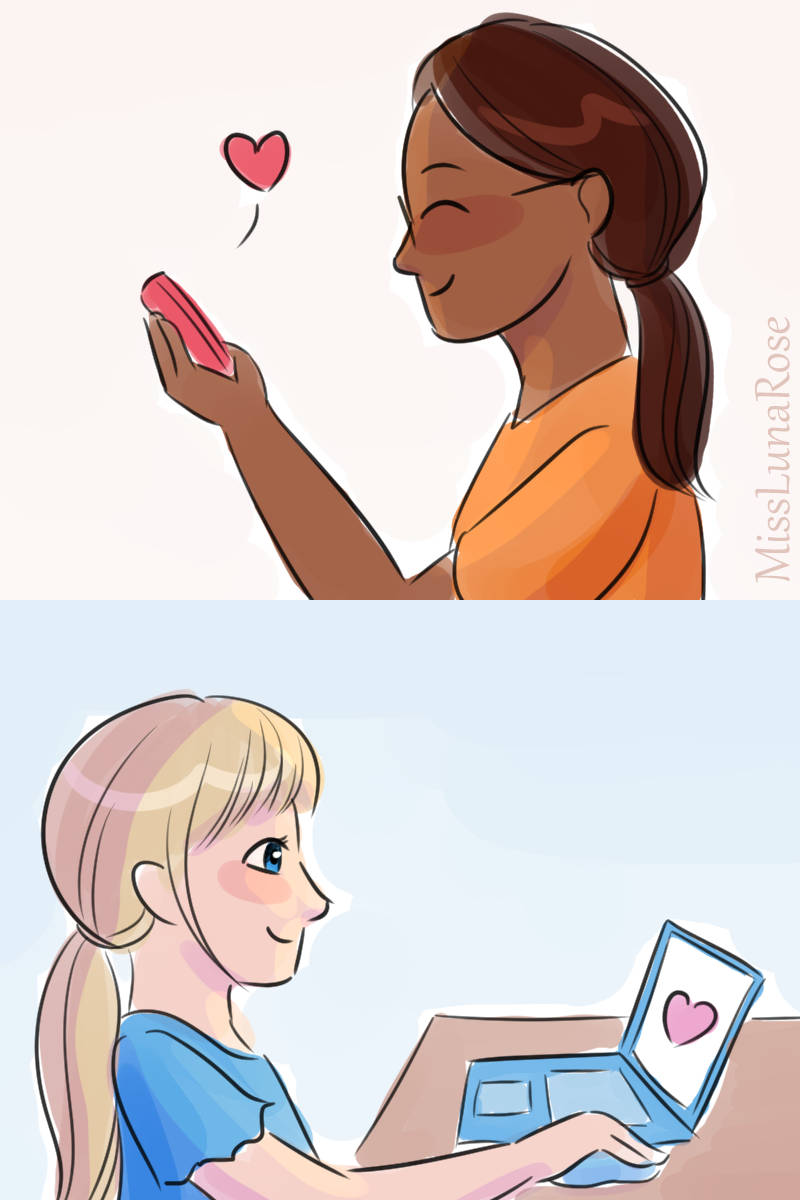 A doodle of two cheerful girls sending each other messages online