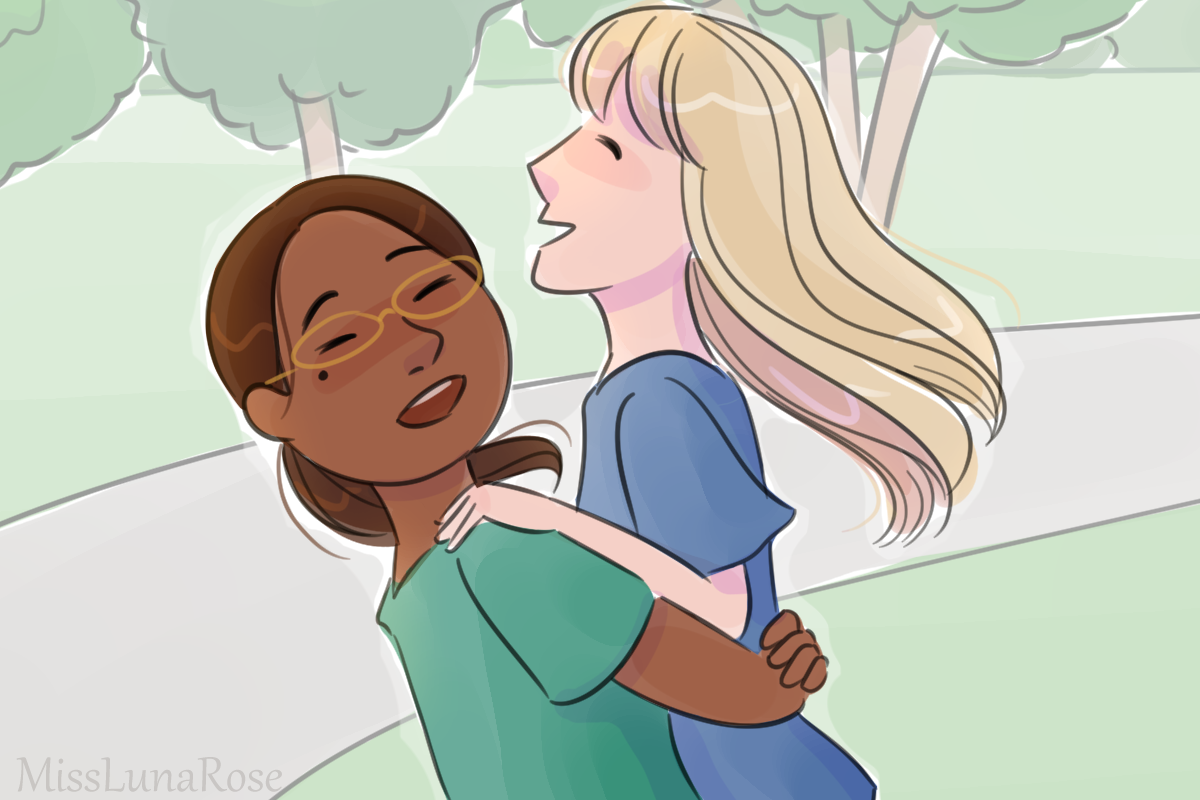 Doodle of a girl picking up her laughing cousin