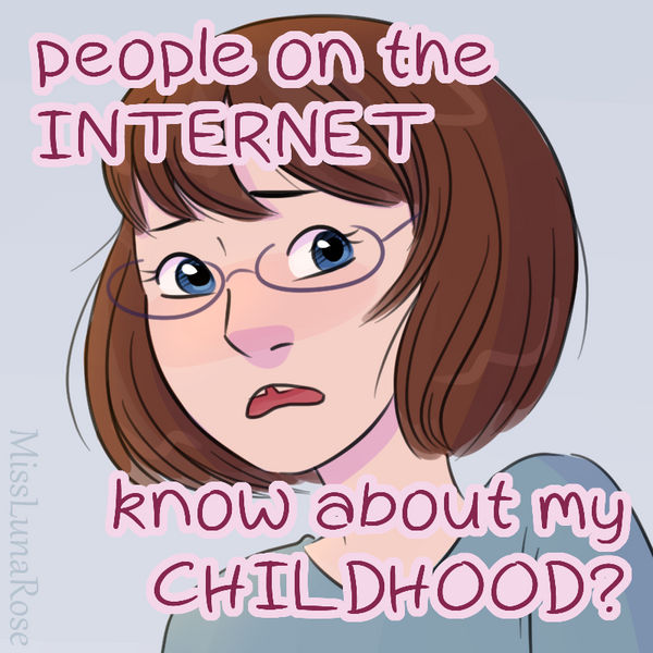 Drawing of a horrified girl with the words: People on the internet know about my childhood?