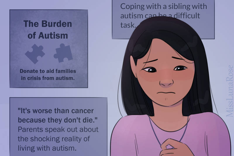 An autistic girl frowns with a sad, worried expression nearby posters that call autism a burden, worse than cancer, and a problem for siblings