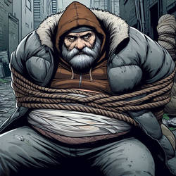 Old man bound with rope in an alley